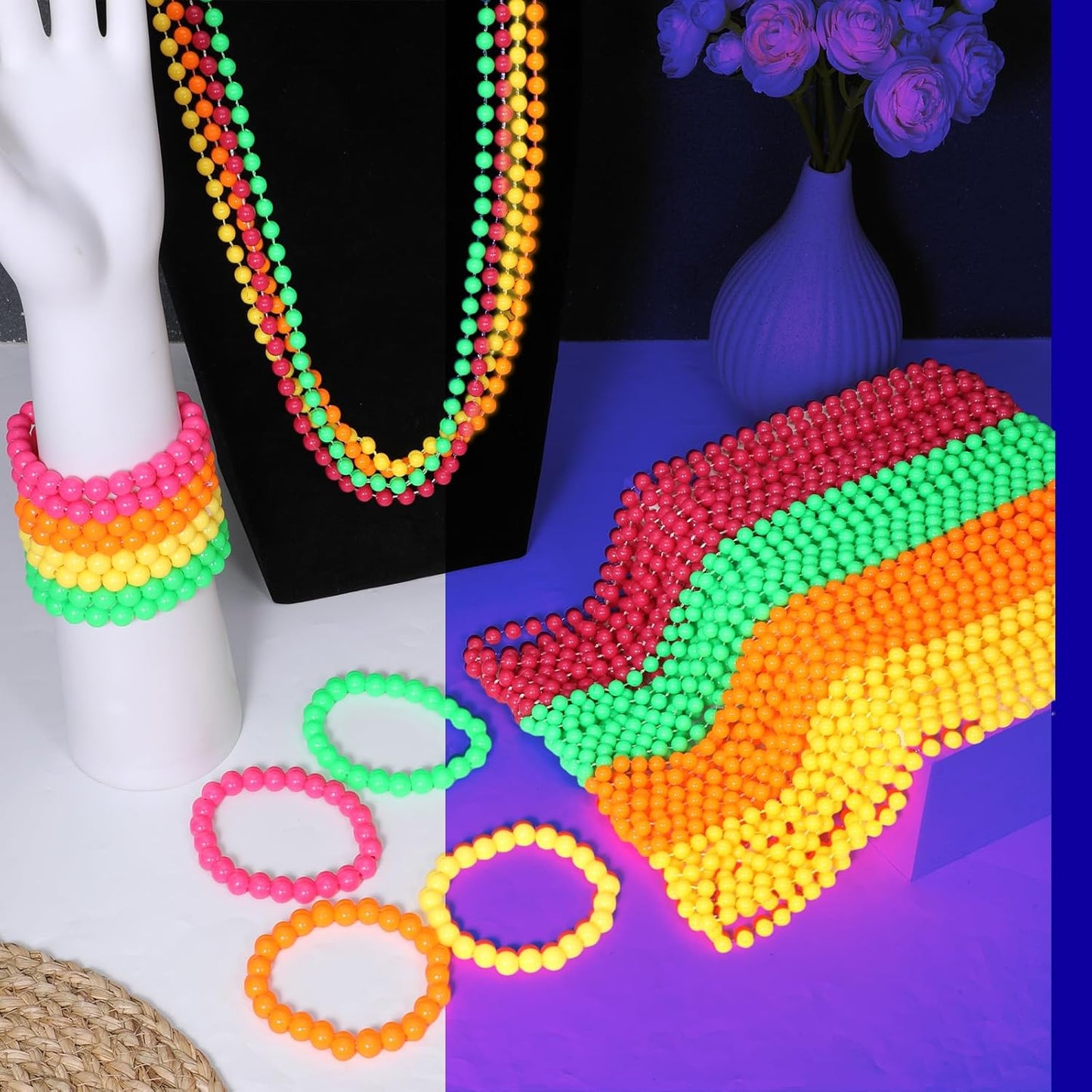 64 Pcs Glow In The Dark Bead Necklaces Bracelets Set, 32 Pcs UV Neon Glow Black Light Necklaces 32 Bracelets 80s Costume Accessories Necklace Set for Birthday, Party, Wedding, Concert