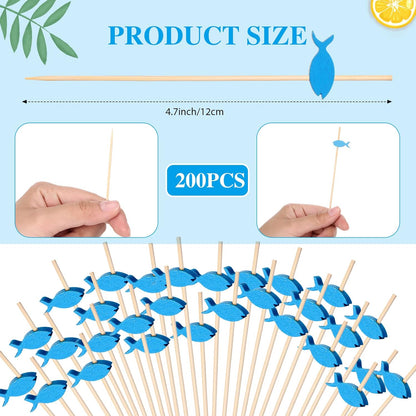 200 Pcs Cocktail Picks Long Cocktail Toothpicks Bamboo Toothpicks for Appetizers Fruits Food Skewers Sticks for Drinks Dessert Wedding Birthday Party(Fish Style)