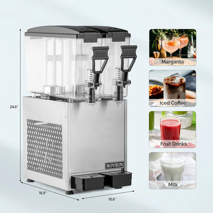 ROVSUN 9.6 Gallon/36L Commercial Beverage Dispenser Drink Dispenser, 18L X 2 Tanks Commercial Juice Dispenser Stainless Steel with Thermostat Controller for Home Restaurant Bar Party 110V/60HZ