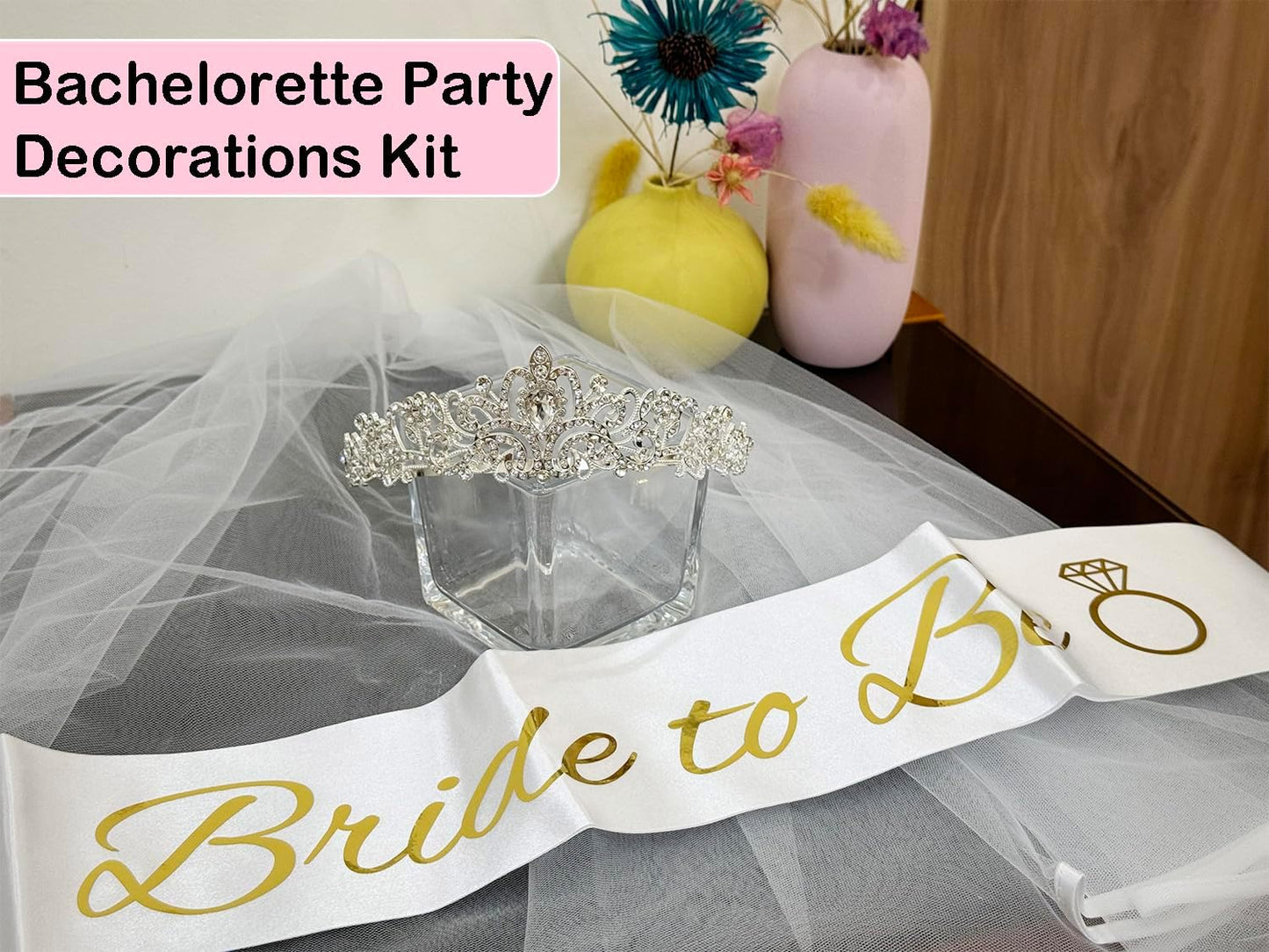JETKONG 3 Pcs Bachelorette Party Decorations Bridal Shower Crown, Bride to Be Sash&Veil for Women Bachelorette Party Gifts, Bachelorette Party Supplies, Gifts, Favors (Rose Gold)