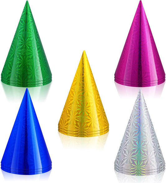 JaGely Colorful Birthday Party Hats Metallic Foil Cone Hat for Birthday Party Supplies, 5 Colors