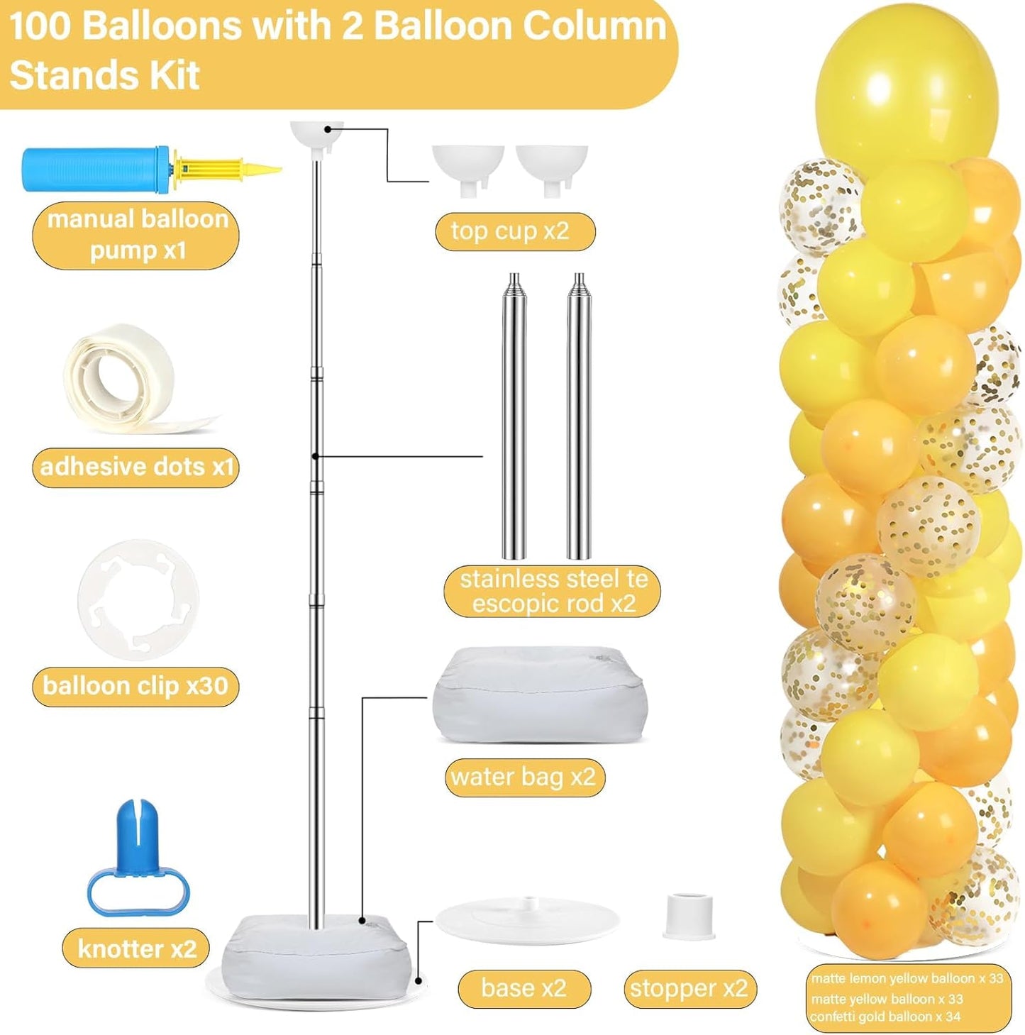 2 Set Black and Gold Balloons Column Stand Kit with 100 Balloons Adjustable Balloon Stand with Bases for Floor Black Gold Confetti Balloon Column Kit for Bridal Shower Valentine Birthday Party Decor
