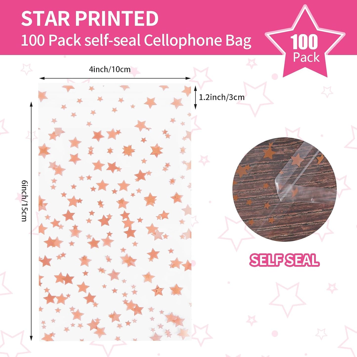 100 Pcs Star Printed 5"X 7" Gift Wrap Cello Cellophane Treat Bags Party Favor bags Clear Candy Cookie Bag Plastic Poly Goodie Storage Bag with Twist Ties for Bakery,Birthday, Wedding ,Party Decorations (Gold)