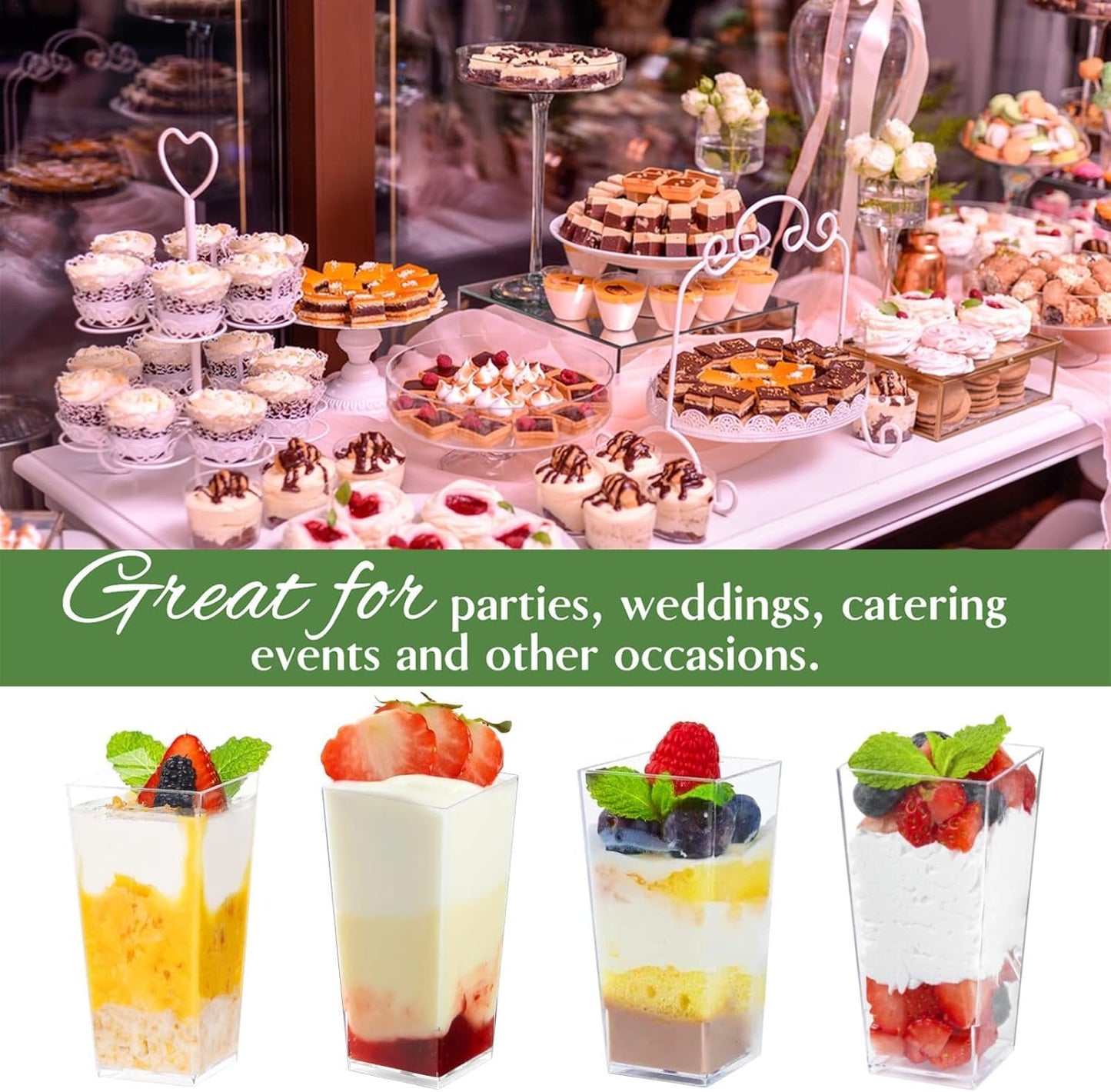 Zezzxu 3 oz Square Mini Dessert Cups with Spoons - 50 Pack Plastic Pudding & Parfait Cups Party Dessert Shooters for Serving Trifle Mousse Cake Appetizers