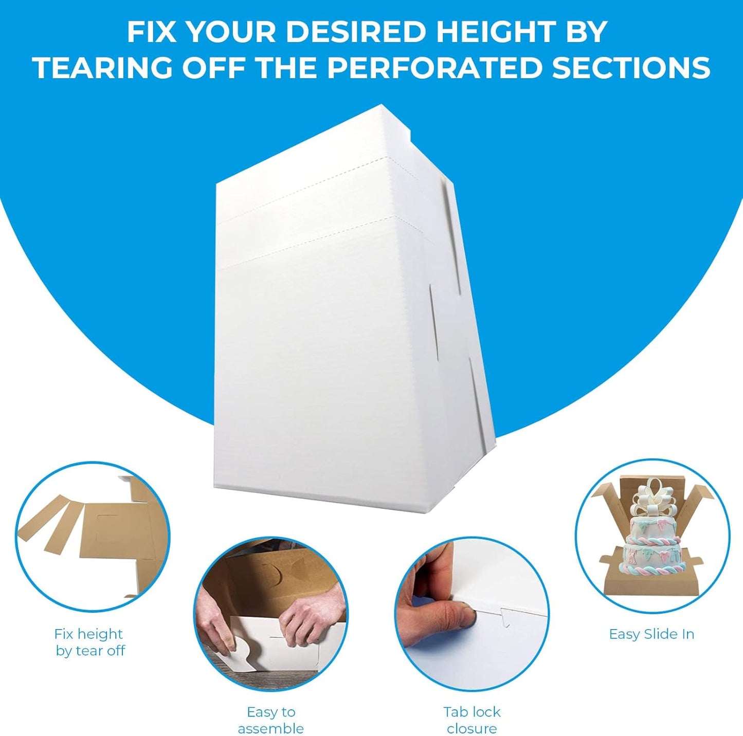10 PK Adjustable Tall Cake Boxes in 2 Base Sizes 5-10"x10" & 5-12"x12" With 3 Adjustable Height Variations (8, 10 & 12 inch) + 15 Thank You Stickers. Tall Bakery Boxes for Tiered Cakes