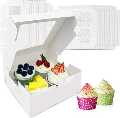 MUMULULU 8 PCS White Paper Cupcake Boxes with 4 Cavity Cookie Gift Boxes with Clear Window 4 Treat Holder Cupcake Containers Bakery Cake Box for Birthday Party Bakery Supplies