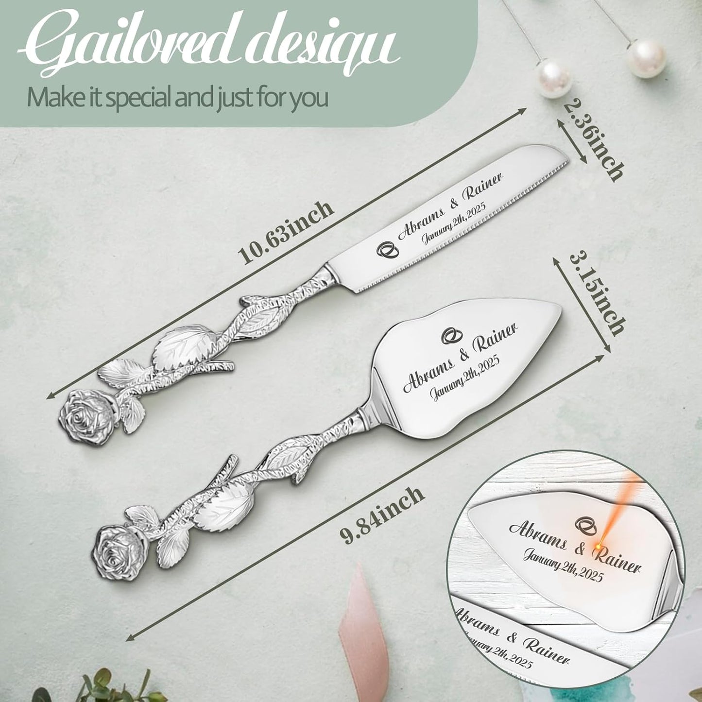 HJX Personalized Wedding Cake Knife and Server Set with Champagne Flutes, Custom Name Text Toasting Glasses for Bride and Groom, Cake Cutting Set Ideal Wedding Engagement Bridal Shower Gift