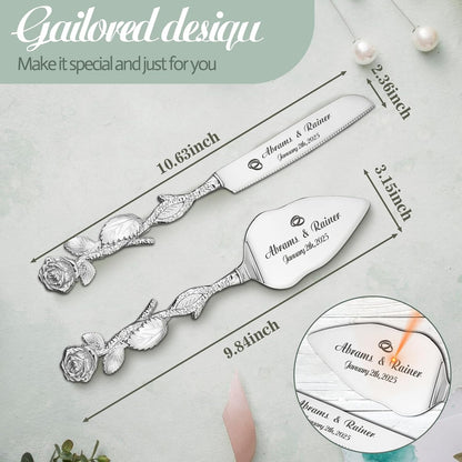 HJX Personalized Wedding Cake Knife and Server Set with Champagne Flutes, Custom Name Text Toasting Glasses for Bride and Groom, Cake Cutting Set Ideal Wedding Engagement Bridal Shower Gift