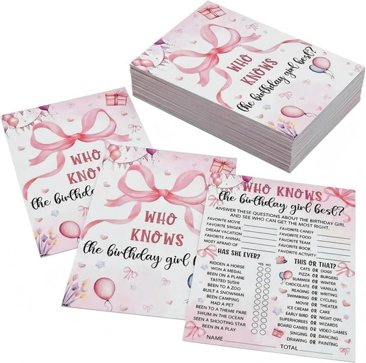 Who Knows The Birthday Girl Best Cards 20 Pack, 4"x6" Pink Bow Theme Girls Birthday Party Activities, Sleepover Party Supplies, Fun Question Cards for Girls Night Party Supplies