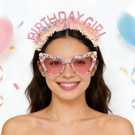 SuPoo Birthday Girl Headband Sash Sunglasses Set, Pink Birthday Accessories for Women Girls Glitter Birthday Crown & Sash Gift Outfit for Party Decorations Fun Glasses