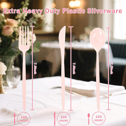 Supernal 360pcs Silver Plastic Cutlery,Elegant Plastic Silverware,Silver Hammed Silverware,Disposable Flatware,Include 120 Forks,120 Knvies,120 Spoons,Perfect for Birthday,Party,Wedding