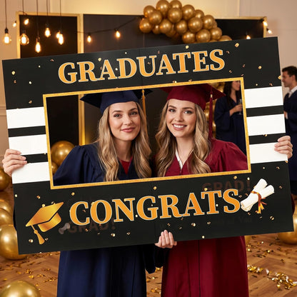 Class of 2026 Graduation Photo Booth Frame 26.8 x 18.9 Inch Black Gold Hollow Board Selfie Prop for High School College Grad Party Decor