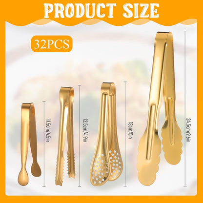 32 Pcs Mini Serving Tongs, Stainless Steel Buffet Serving Utensils Small Tongs Catering Kitchen Food Tong for Appetizer Tea Party Coffee Bar Food Ice Salad Barbecue Cookies, 4 Styles(Gold)