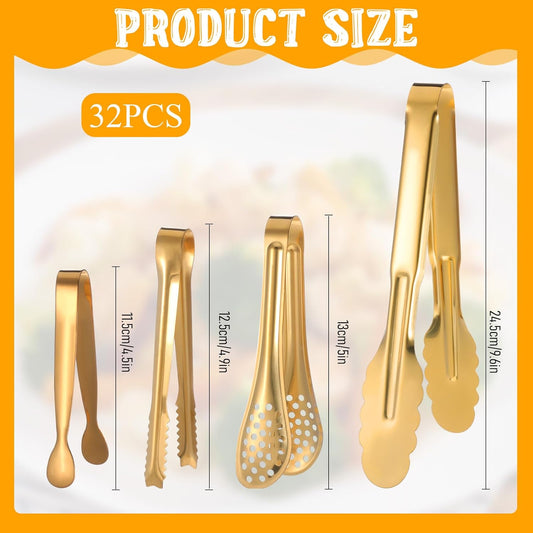 32 Pcs Mini Serving Tongs, Stainless Steel Buffet Serving Utensils Small Tongs Catering Kitchen Food Tong for Appetizer Tea Party Coffee Bar Food Ice Salad Barbecue Cookies, 4 Styles(Gold)