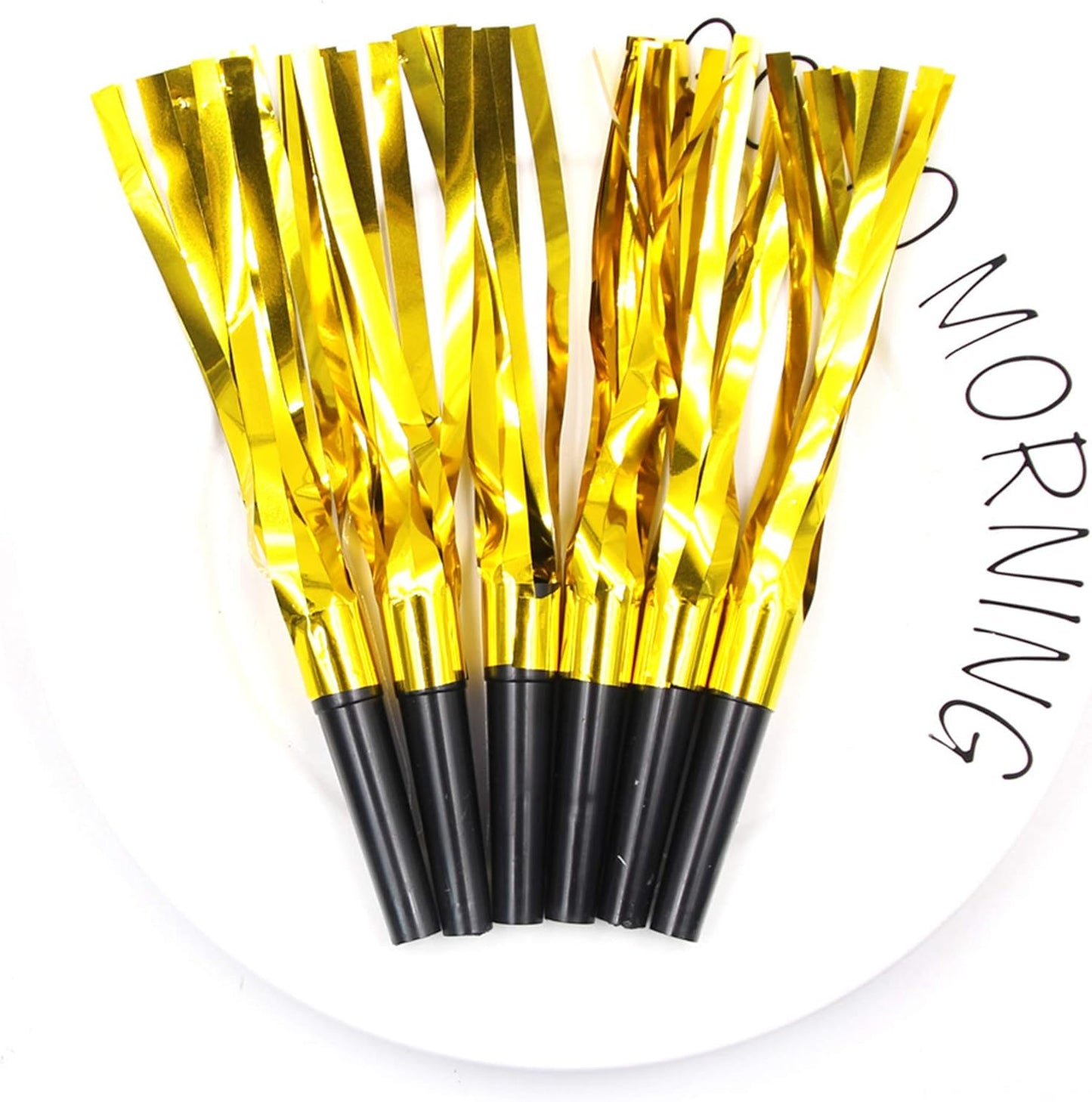 24 Pieces silvery Glitter Metallic Fringed Noise Maker Musical Blowouts, Squawker Whistles Party Noisemakers for Birthday, New Year, Party Favor Decoration Supplies (Golden)