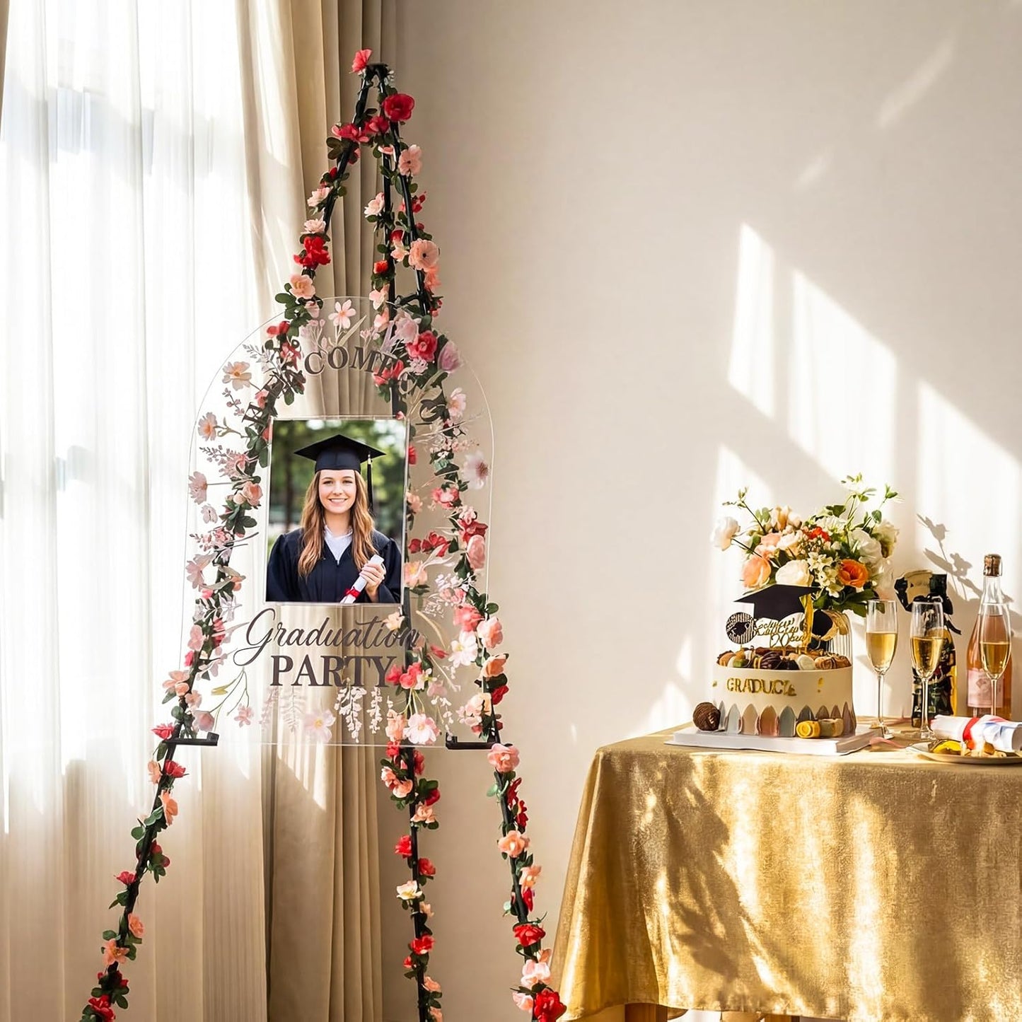 Yousoontic 3 Pcs Graduation Party Welcome Sign with Photo Set 18x24" Acrylic Wildflower 2026 Yard Sign with Easel Stand 24.6ft Flower Garland Grad Senior High School College Decor for Graduation Party