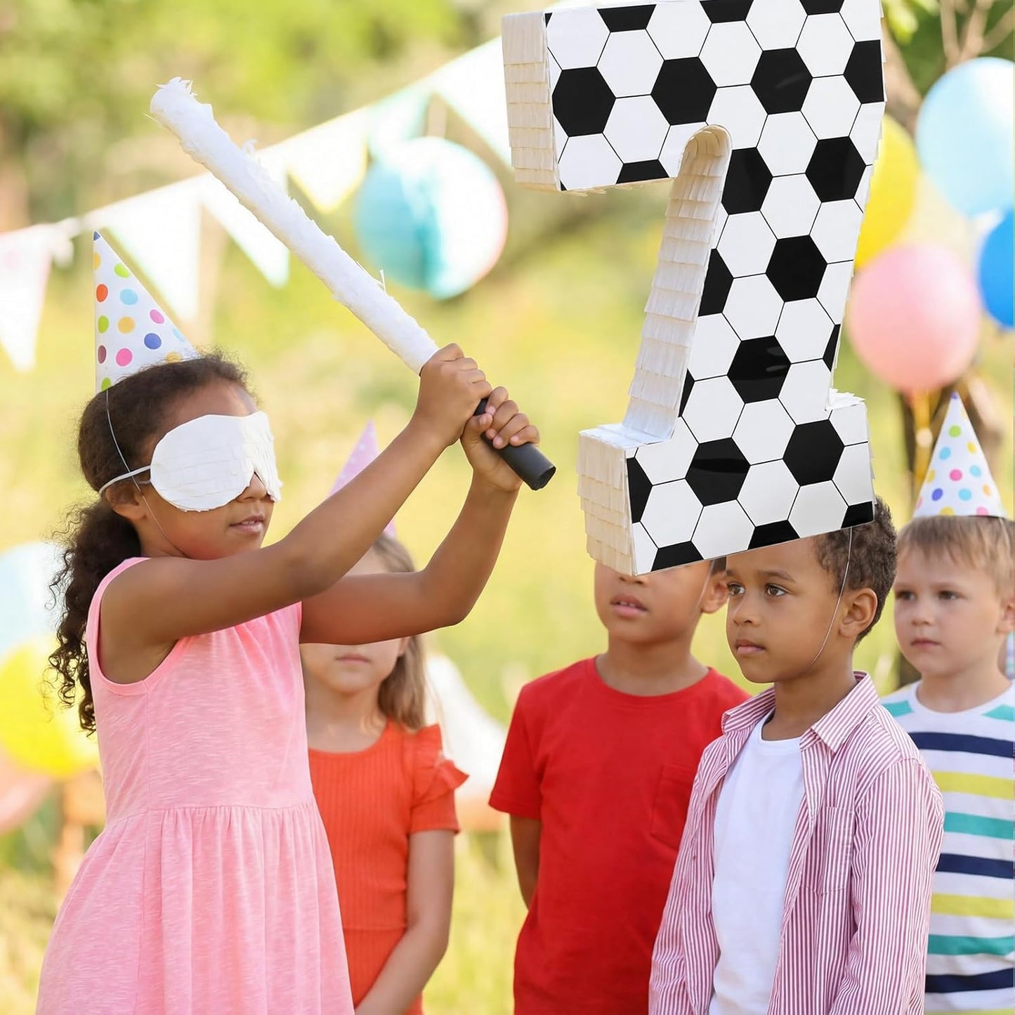 Gemscream Number 9 Soccer Piñata Bundle with Blindfold and Stick Small Piñata Party Decoration for Mexican Fiesta Cinco De Mayo School Anniversary Football Party Celebration Gift 15.75 x 11 x 2.8 in