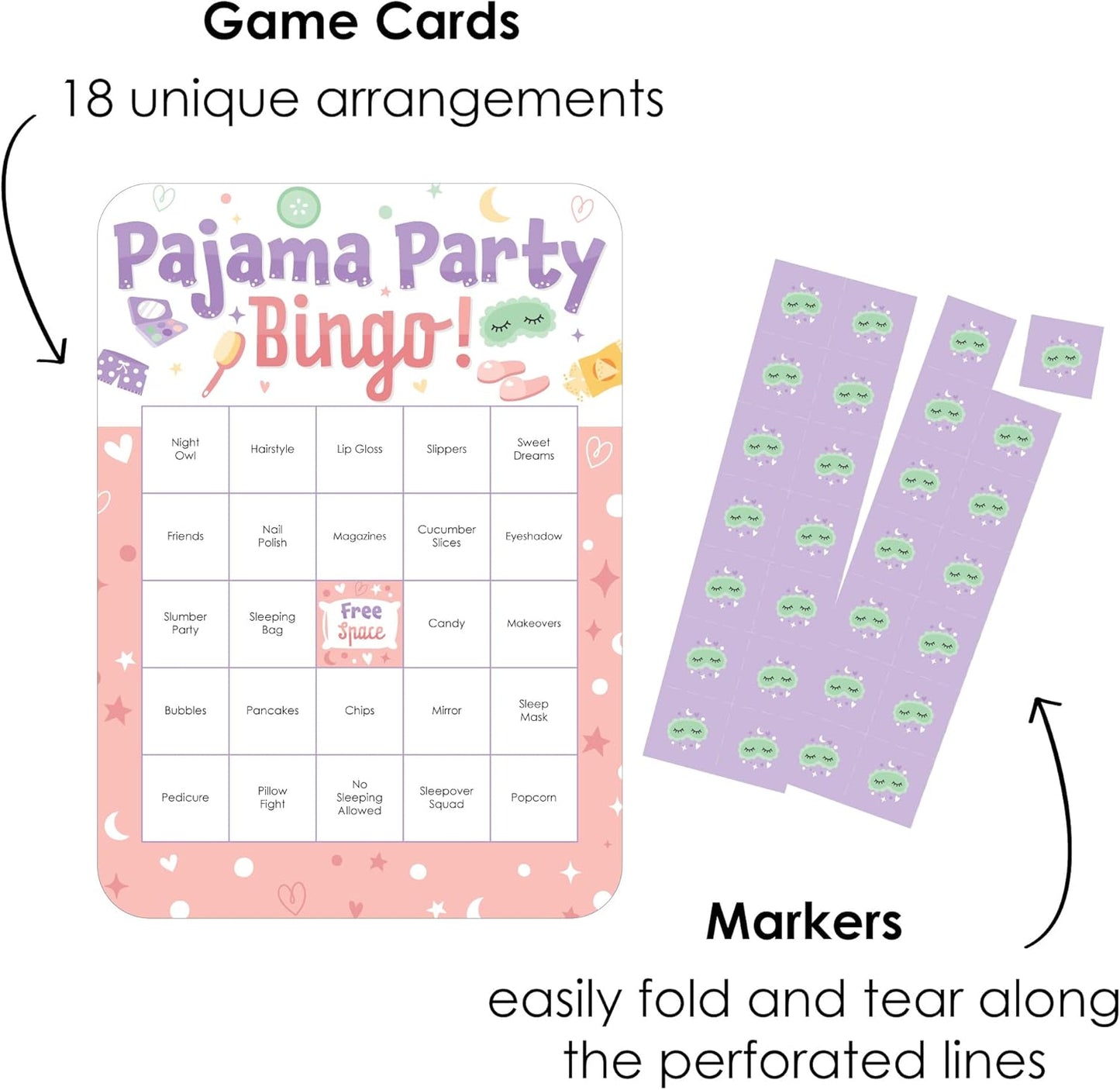 Big Dot of Happiness Pajama Slumber Party - Bingo Cards & Markers, Girls Sleepover Birthday Party Bingo Game, Games & Activities for Girls Parties -Set of 18