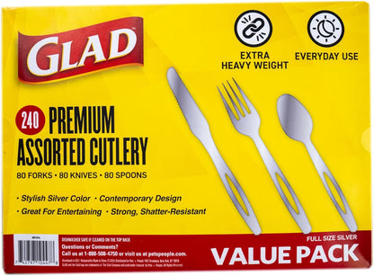 Glad Clear Disposable Cutlery Set with Heavy Duty Plastic Forks, Knives, and Spoons, Reusable Dishwasher Safe Plastic Utensils for Parties and Everyday Use, 240 Count