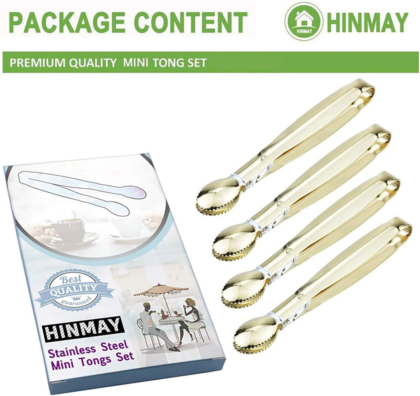 5.75" Mini Appetizer Tongs Set, Tiny Stainless Steel Small Tongs for Serving, Tea Party, Coffee Bar, Desserts, Set of 4 (Gold)