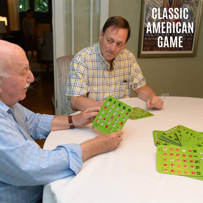 Regal Bingo Game Set for Adults and Kids - 50 Bingo Cards with Sliding Windows, Reusable & Large Bingo Cards, 1 Master Board - Fun Family Game Night - No Chips & Daubers Needed - Green