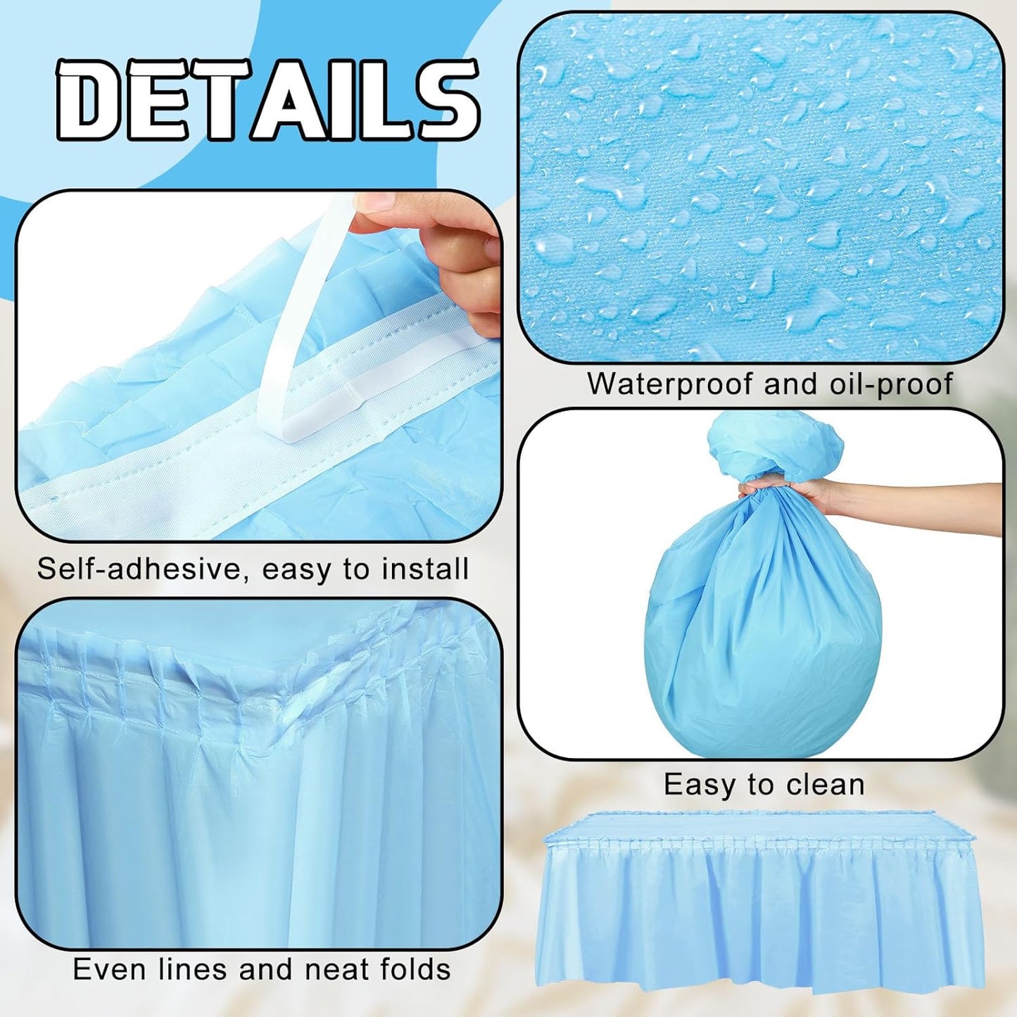 Oudain 6 Pcs Plastic Table Skirts and Stainproof Table Cloths 54 x 108 in Plastic Ruffle Tablecloth 168 x 29 Inches Disposable for Wedding Baby Shower Valentine Spring Easter Party(White)