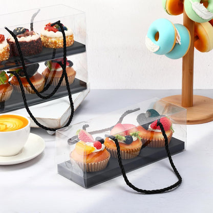 Thenshop 20 Pcs 9 x 3 x 3 Inch Clear Cupcake Boxes with Handle and Inserts 3 Count Portable Pastry Packaging for Cupcakes Carrier Muffin Bakery Containers Mothers Day Wedding Party(Brown)