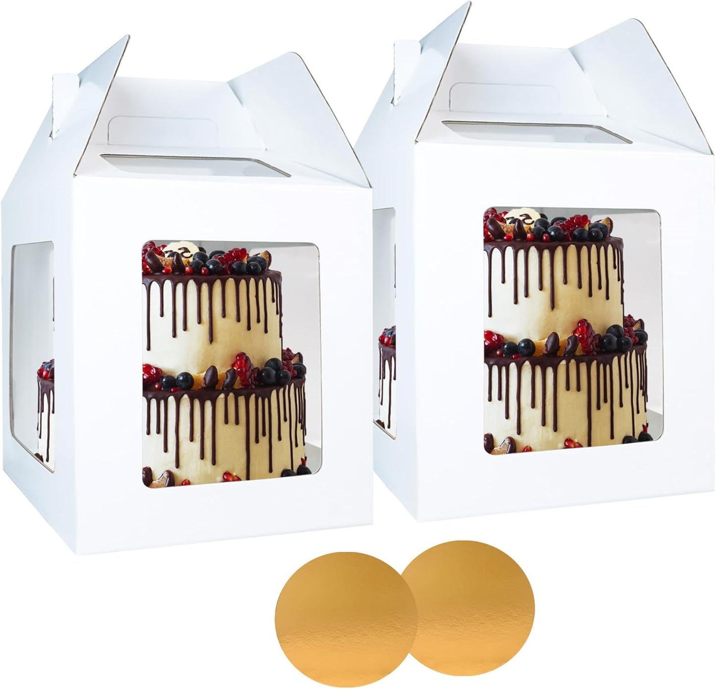 Yeplan 2 Packs Tall Cake Boxes with Cake Board,10x10x12 Inches Large Tiered Cake Carriers with Clear Windows and Handle, Cake Containers for Birthday, Wedding, Party and Festival