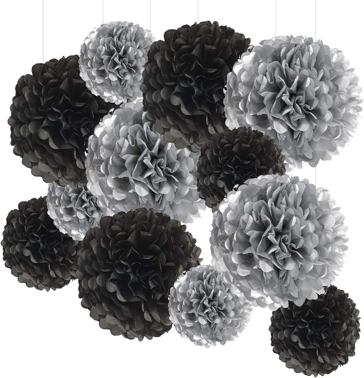 Black and White Tissue Paper Pom Poms Hanging Tissue Flowers Poms Decorations Pack of 12 for Wedding, Birthday,Party Backdrop Decor ect. (12", 10",Tissue Paper Flowers)