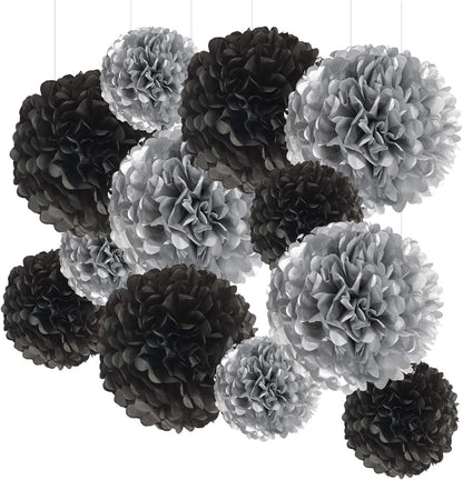 Black and White Tissue Paper Pom Poms Hanging Tissue Flowers Poms Decorations Pack of 12 for Wedding, Birthday,Party Backdrop Decor ect. (12", 10",Tissue Paper Flowers)