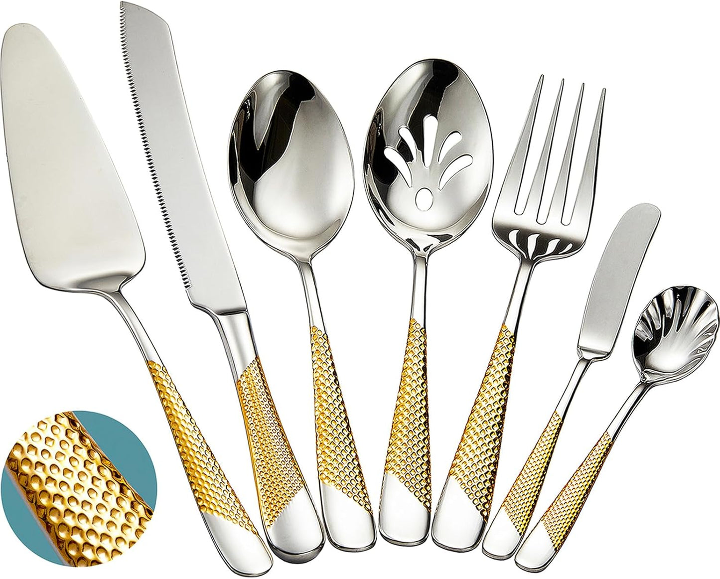 Xideman® 7-Piece Hammered 18/10 Stainless Steel Silverware Serving Utensil Set - Hostess Flatware with Cake Knife & Cake Server (Champagne Gold)
