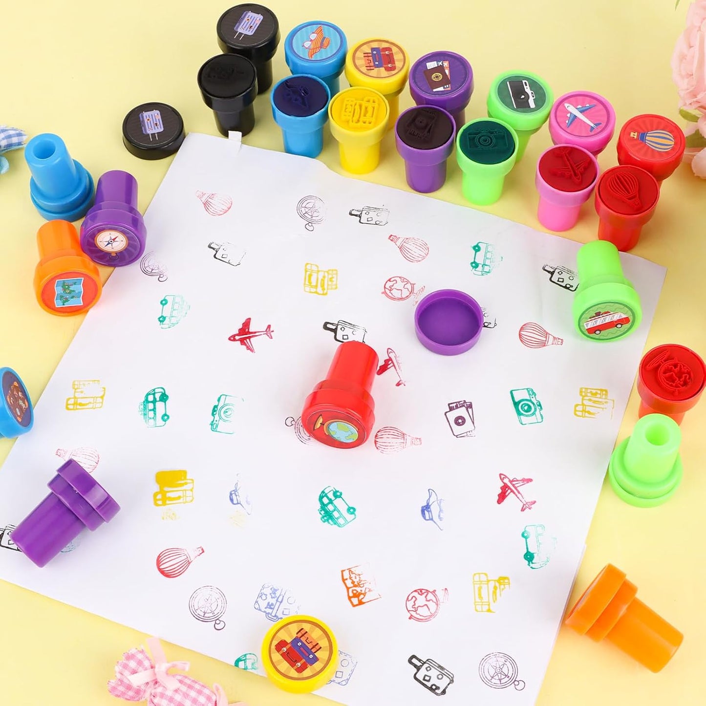 24 PCS Camp Party Favors Camping Adventure Mini Stamps Colorful Self Inking Stamps Camping Themed Party Favors for Boys Girls Student School Classroom Rewards Carnival Prizes Supplies