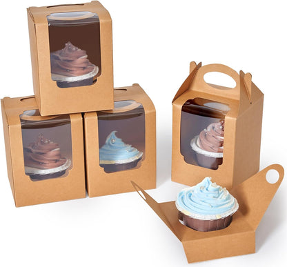Cupcake Boxes 50 pcs, Individual Cupcake Containers Brown with Window Insert and Handle, Pastry Box Single Muffins Holder Disposable for Bakery Wrapping Party Favor Packaging