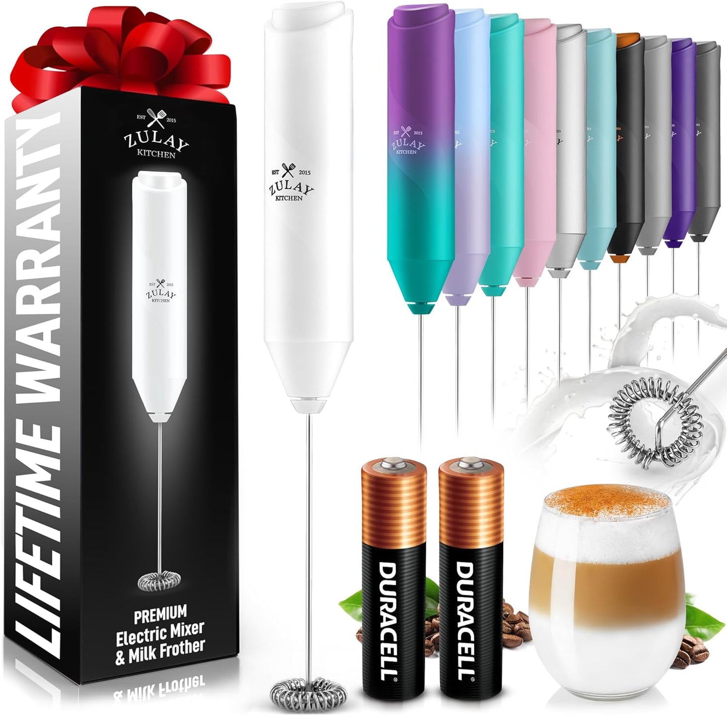 Zulay Kitchen Powerful Milk Frother AA Batteries Included – Ultra Fast Handheld Drink Mixer with Stainless Steel Whisk Stirrer for Coffee, Protein, Matcha & More, Frother Wand Electric Frothmate Black - Colors E