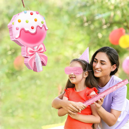 Aoriher Candy Party Favor Candy Piñata with Stick Blindfold Pink Sweet Lollipop Candy Piñata for Birthday Party Supplies Decoration