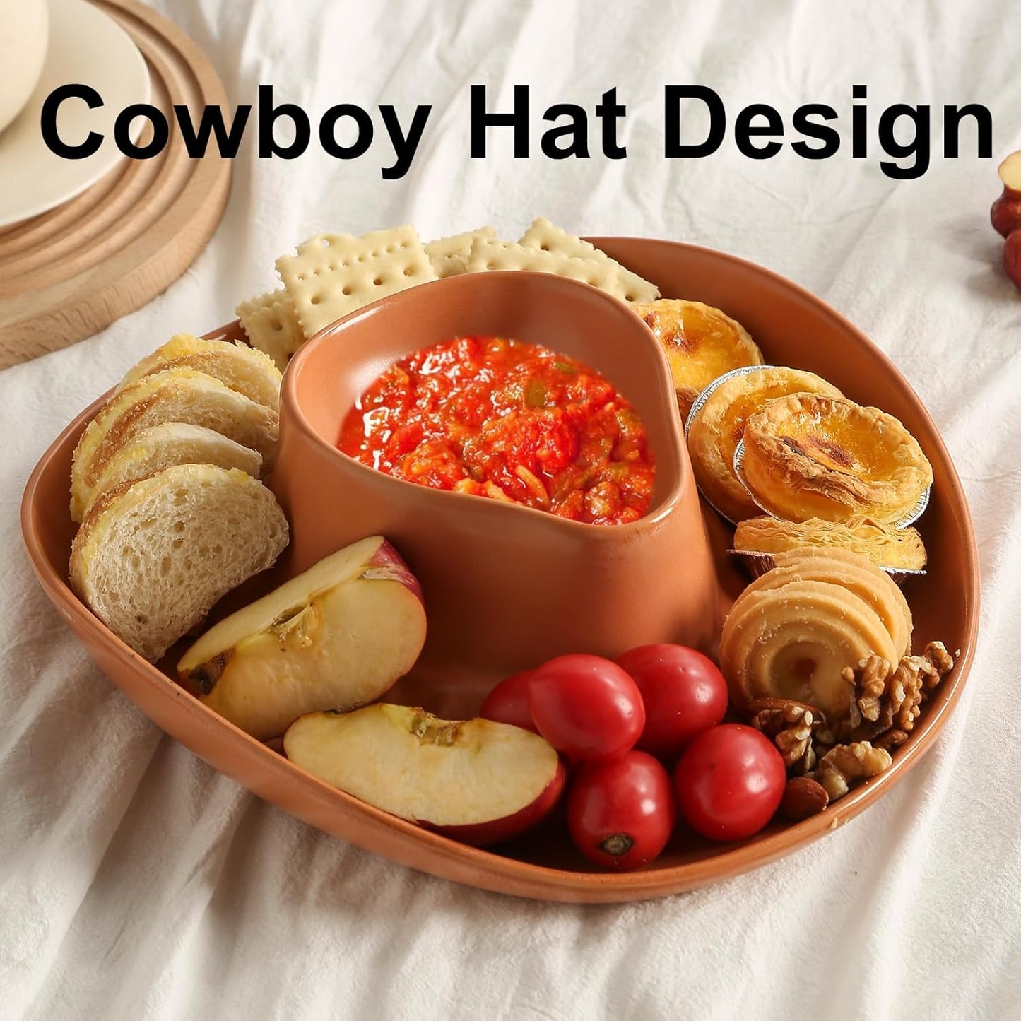 Chip and Dip Serving Set Bowl Cowboy Hat Chips and Salsa Serving Dish.10.6 x 11.6 x 3.5 in White
