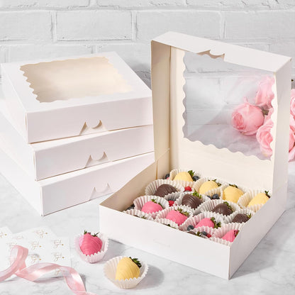 ZORRITA 30 Pack Auto Pop-up Cookie Boxes with Window, 12" x 8" x 2.5" White Bakery Boxes Treat Boxes for Chocolate Covered Strawberries, Breakable Heart, Sugar Cookies, Cake Pops, Donuts, Pastries