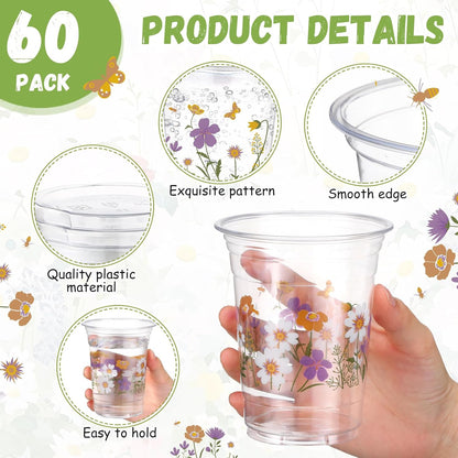 Hushee 60 Pcs Purple Floral Cups with Spring Summer Flower 16 oz Wildflowers Plastic Disposable Drinking Cups for Summer Spring Birthday Baby Shower Wedding Party Supplies