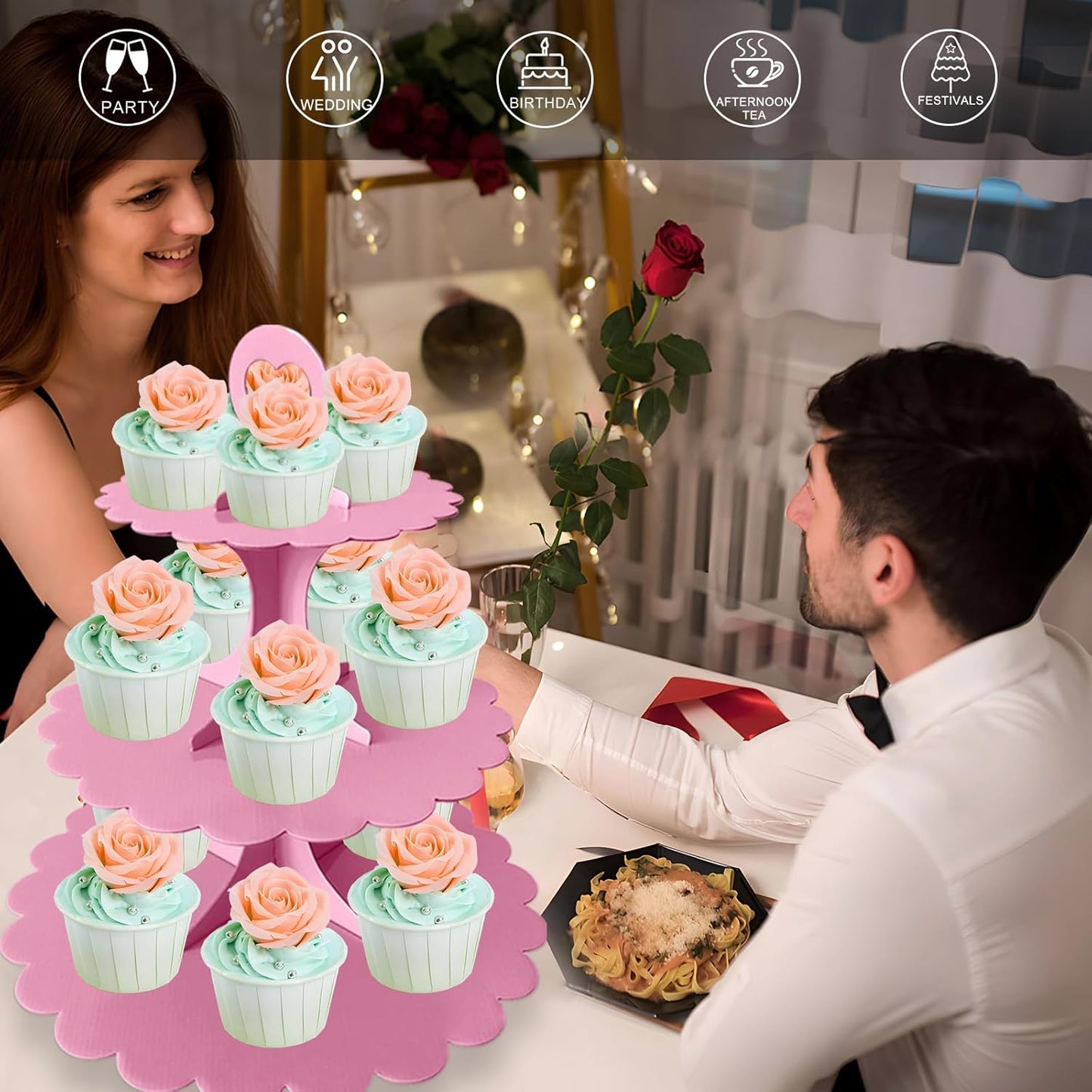 White Cupcake Stand Tower, 3-Tier Cardboard Dessert Display with Heart Handle,Perfect for Birthday Baby Shower Wedding Tea Party Graduation, Easy 60-Second Assembly, Holds 12+Cupcakes (1-Pack)