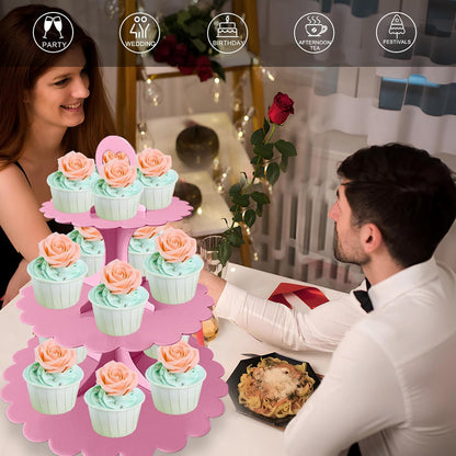 White Cupcake Stand Tower, 3-Tier Cardboard Dessert Display with Heart Handle,Perfect for Birthday Baby Shower Wedding Tea Party Graduation, Easy 60-Second Assembly, Holds 12+Cupcakes (1-Pack)