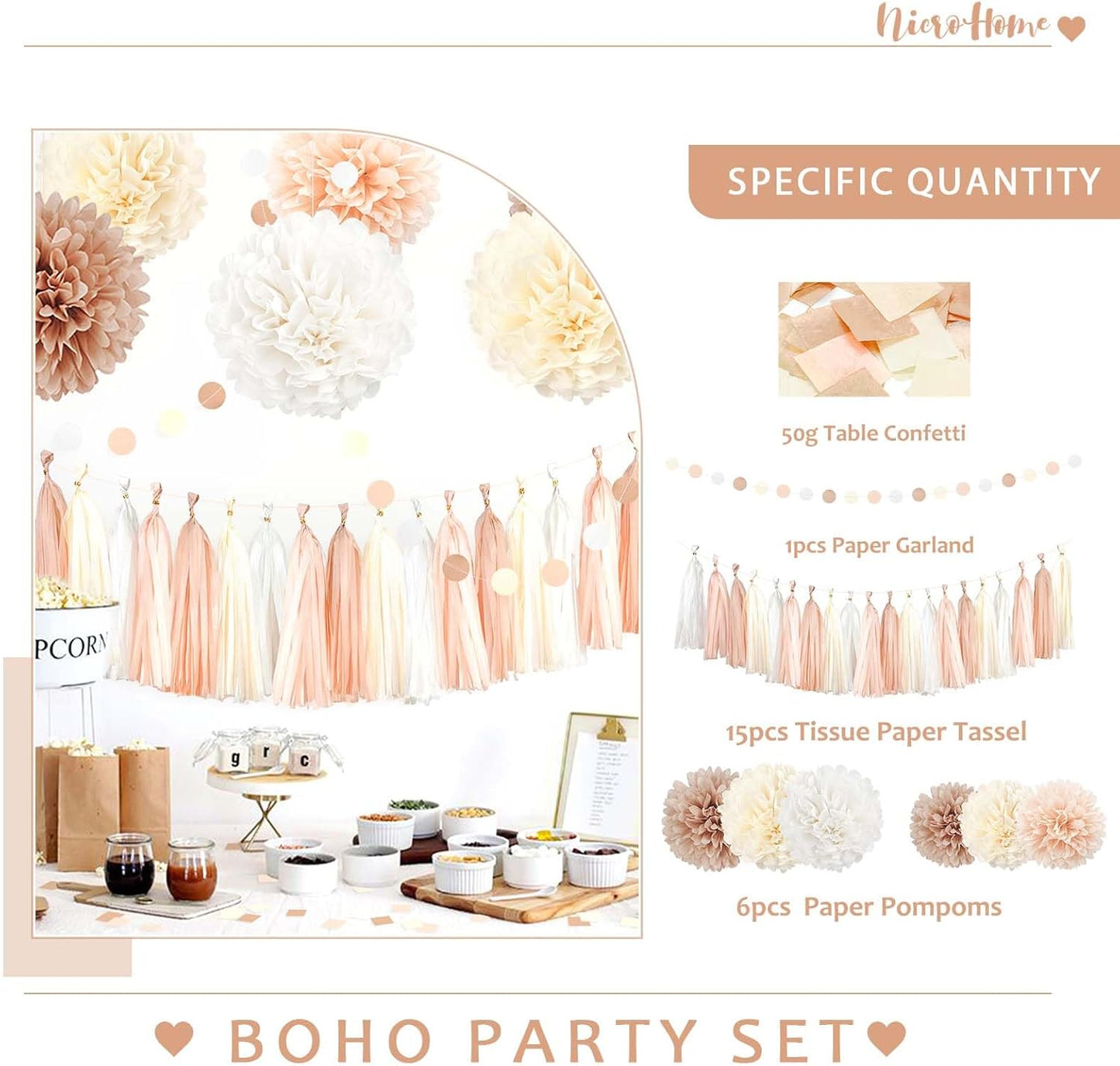 NICROHOME EUR Boho Wedding Decorations, 28PCS Rustic Neutral Creamy White Tissue Paper Pom Poms Tassel, Dots Paper Garland Decor Packages for Baby Shower Birthday Bridal Shower Party Table