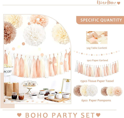 NICROHOME EUR Boho Wedding Decorations, 28PCS Rustic Neutral Creamy White Tissue Paper Pom Poms Tassel, Dots Paper Garland Decor Packages for Baby Shower Birthday Bridal Shower Party Table