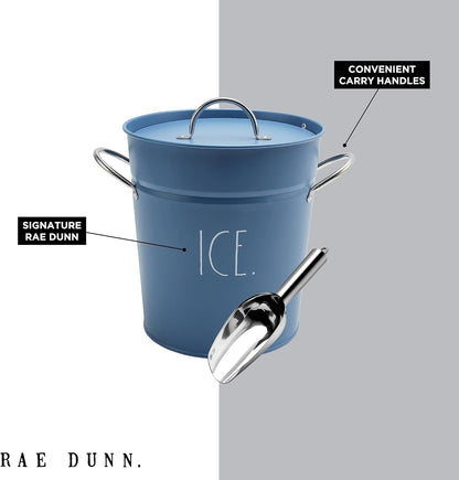 Rae Dunn Ice Bucket with Scoop - Stainless Steel Bucket with Handle, Lid and Ice Scooper - 4 Qt. Storage Bin for Ice Cubes for Bars, Parties, Backyard Barbeques, Picnics, and Camping (Sage)