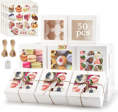 OAMCEG 50 PCS Cupcake Boxes with Window, 6x6x3 Inch Cookie Boxes, Bakery Treat Boxes for Pastry, Dessert, Chocolate Strawberries, Cupcake Containers, Gift Giving with Stickers & Twine （Brown）