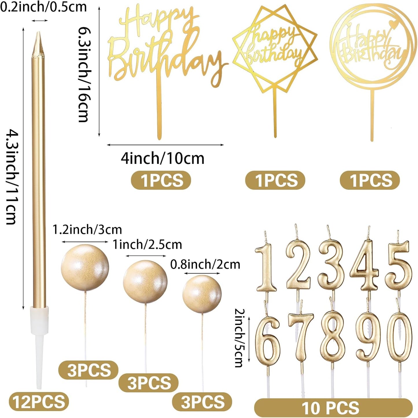 Yerliker 34 Pcs Happy Birthday Cake Toppers Decorations Birthday Candles DIY Cake Decor for Men Women Wedding Anniversary(Gold)