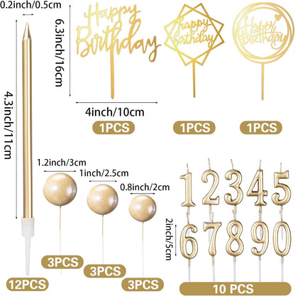 Yerliker 34 Pcs Happy Birthday Cake Toppers Decorations Birthday Candles DIY Cake Decor for Men Women Wedding Anniversary(Gold)