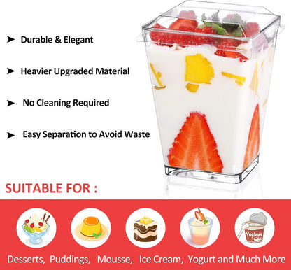 Eupako 100 Pack 5 oz Square Clear Plastic Dessert Cups with Spoons Small Clear Plastic Tumbler Cups Great for Desserts, Appetizers, Puddings, Mousse, Parfait
