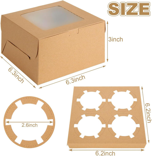 100 PCS Cupcake Boxes 4 Count Cupcake Containers Brown Kraft Paper Cupcake Boxes Treat Boxes with Insert 4 Cavity for Muffins Cookies Cupcakes Macarons Donuts（6x6x3 Inch）