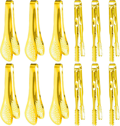 12-Piece Mini Tongs - 5-Inch Stainless Steel Salad Tongs, Small Tongs for Serving Food, Mini Serving Utensils for Appetizers, Party, Coffee, Desserts (Gold)