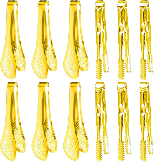 12-Piece Mini Tongs - 5-Inch Stainless Steel Salad Tongs, Small Tongs for Serving Food, Mini Serving Utensils for Appetizers, Party, Coffee, Desserts (Gold)